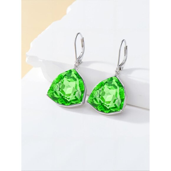 Sterling Silver Peridot Simple Geometric Birthstone Dangle Drop Earring Jewelry - Picture 2 of 5